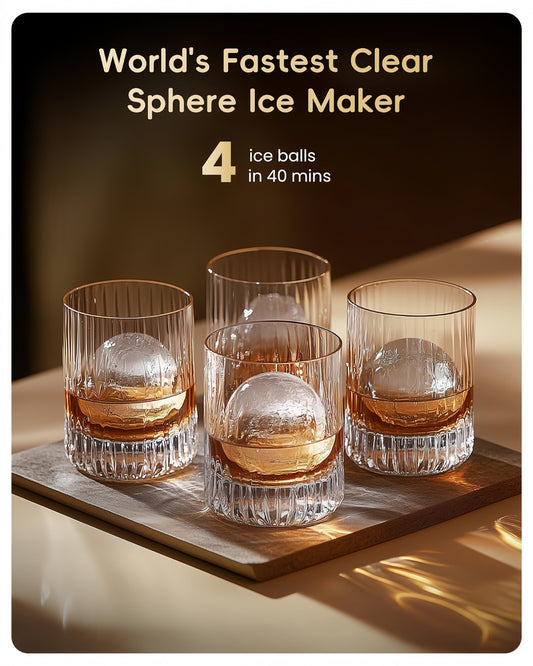 🧊Clear Ice Ball Maker with CrystalFlux Insulation - 4 Spheres in 40 Mins, 144PCS/Day Capacity | Auto-Water Fill & Self-Cleaning System